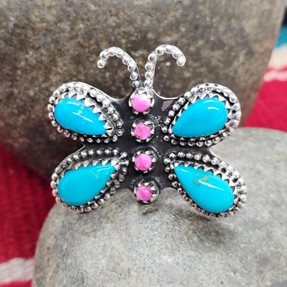 Southwest Butterfly Ring Sterling Silver Turquoise Purple Spiny Oyster Size 8 - Picture 2 of 7